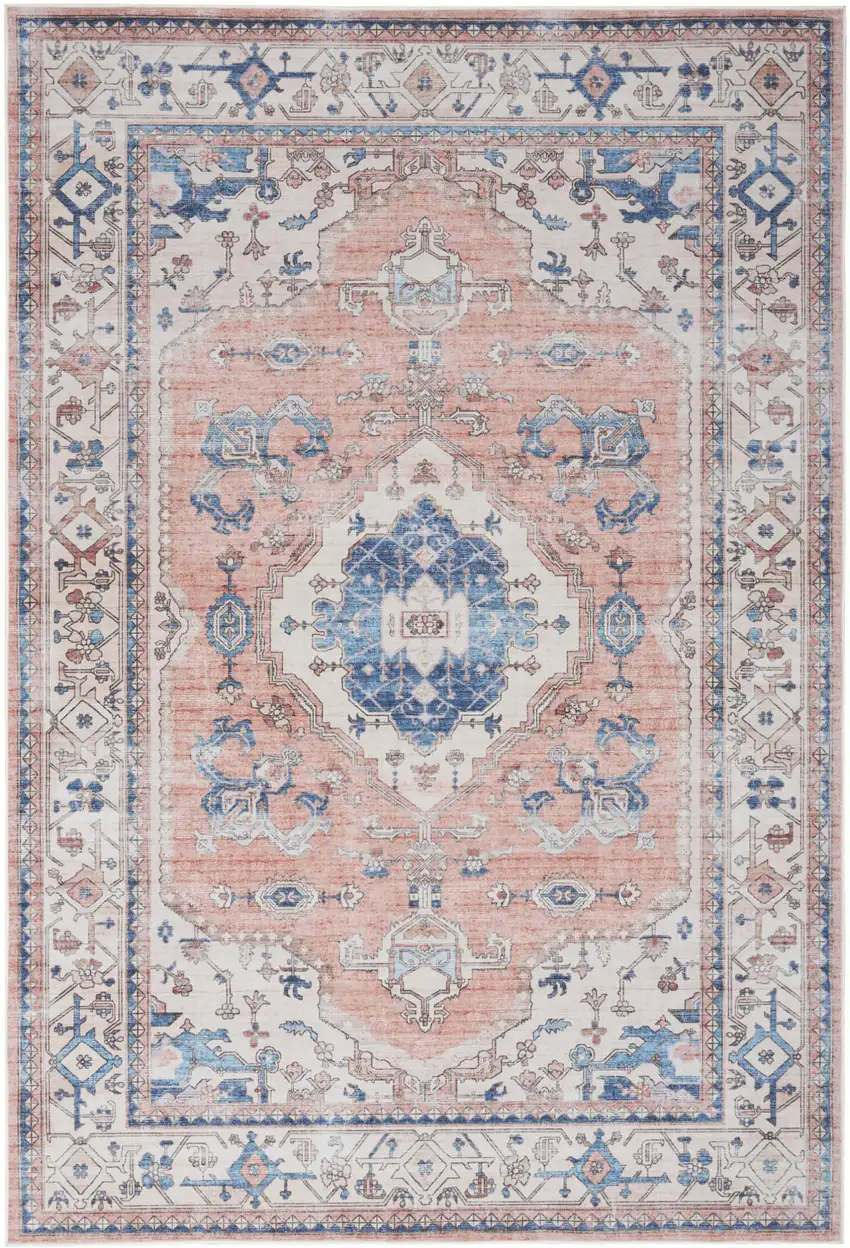 Coral and Beige Floral Medallion Distressed Non Skid Area Rug Photo 8