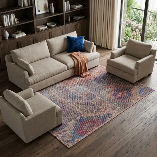 Coral and Beige Floral Medallion Distressed Non Skid Area Rug Photo 1