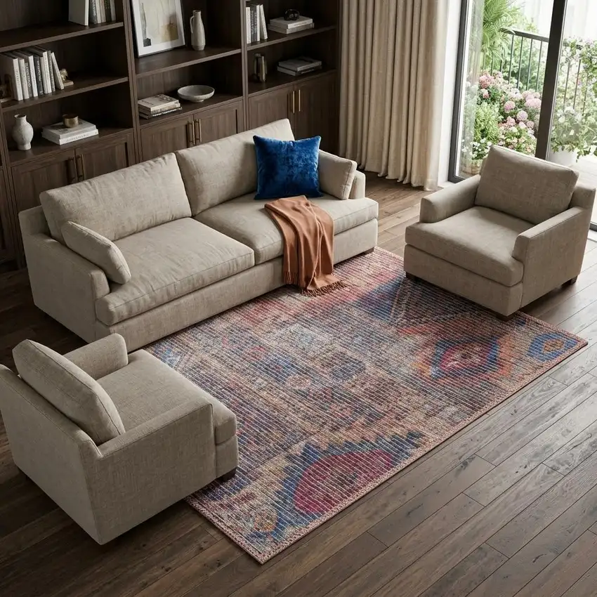 Coral and Beige Floral Medallion Distressed Non Skid Area Rug Photo 1