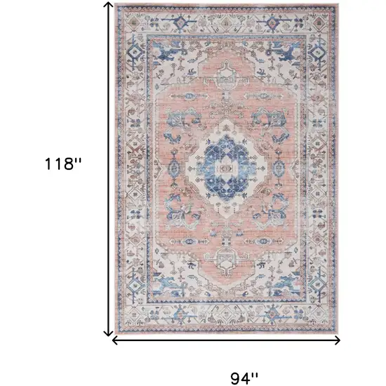Coral and Beige Floral Medallion Distressed Non Skid Area Rug Photo 3