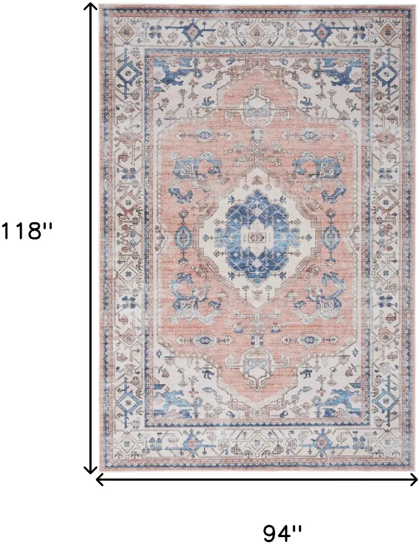 Coral and Beige Floral Medallion Distressed Non Skid Area Rug Photo 3