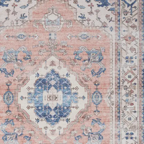 Coral and Beige Floral Medallion Distressed Non Skid Area Rug Photo 7