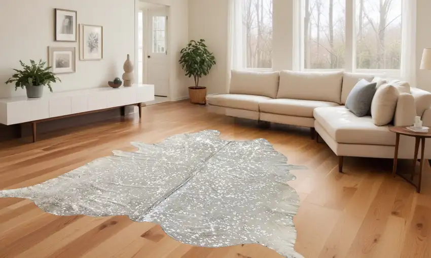 Silver and Ivory Cowhide Hand Knotted Area Rug Photo 1