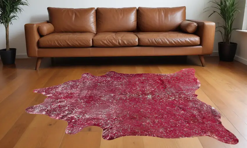 Red and Silver Cowhide Hand Knotted Area Rug Photo 1