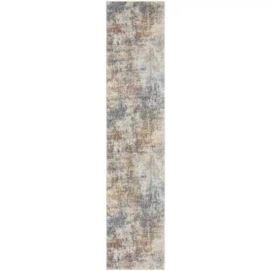 10' Ivory Blue And Brown Abstract Runner Rug Photo 1