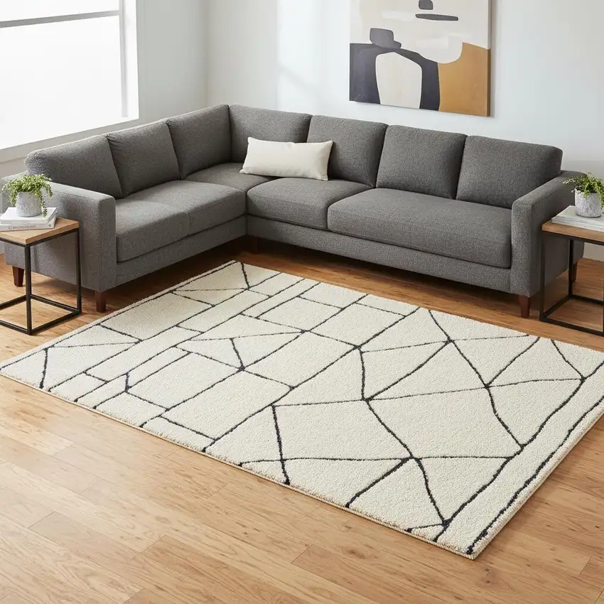 Cream And Black Geometric Area Rug Photo 1