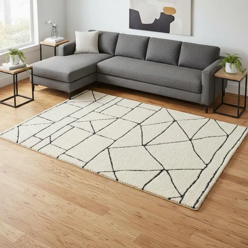 Cream And Black Geometric Area Rug Photo 1