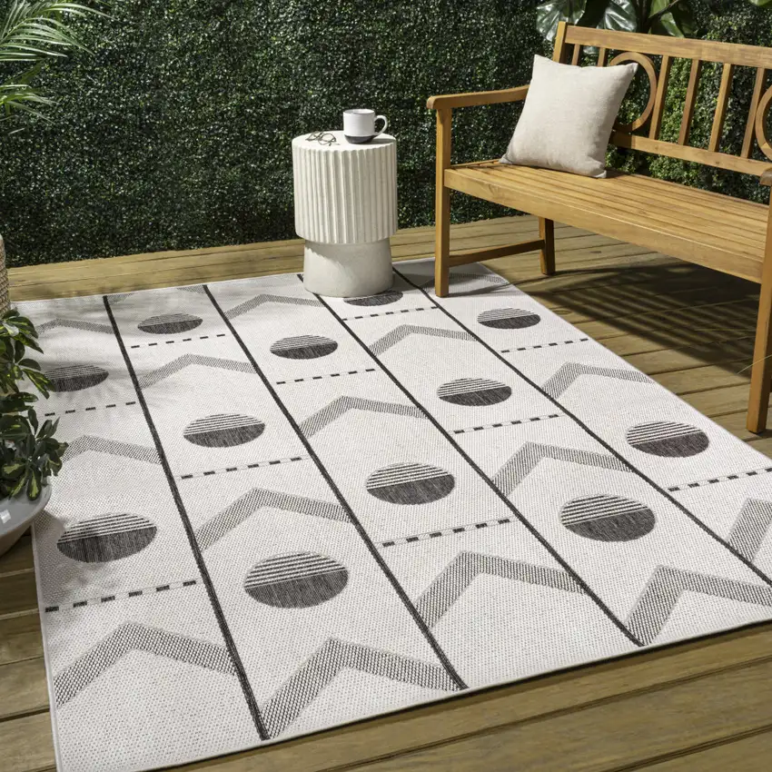 Cream And Black Geometric Indoor Outdoor Area Rug Photo 7