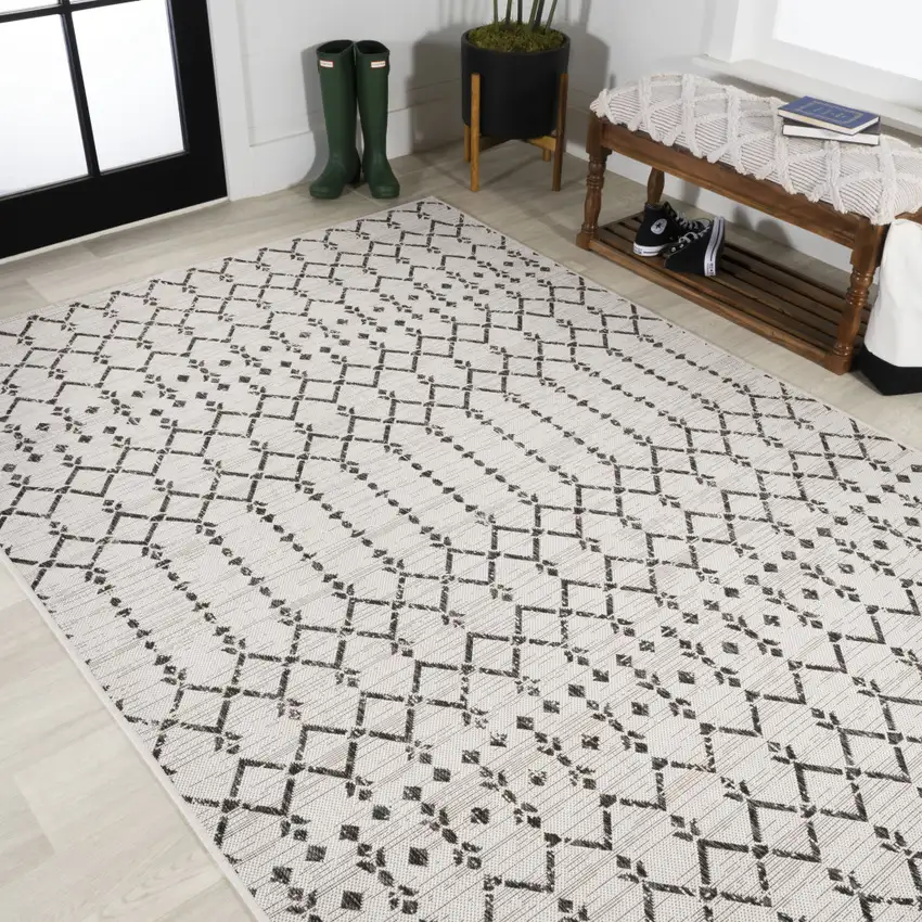 Cream And Black Trellis Indoor Outdoor Area Rug Photo 7