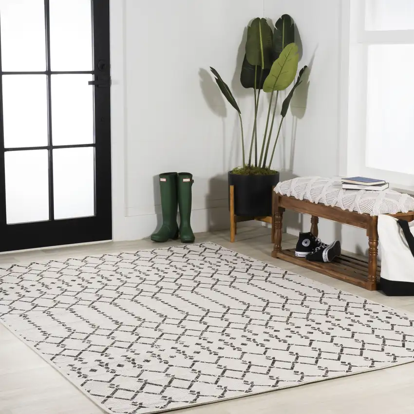 Cream And Black Trellis Indoor Outdoor Area Rug Photo 8