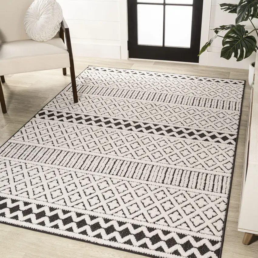 Cream And Black Trellis Indoor Outdoor Area Rug Photo 5