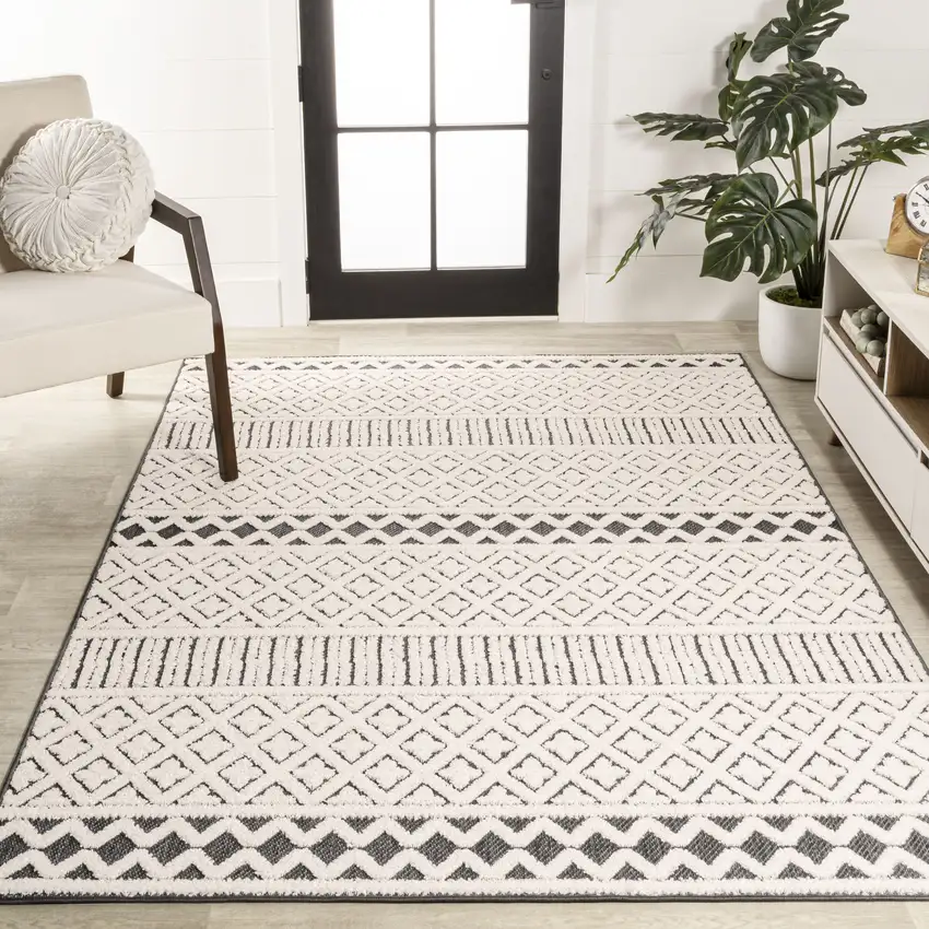 Cream And Black Trellis Indoor Outdoor Area Rug Photo 7