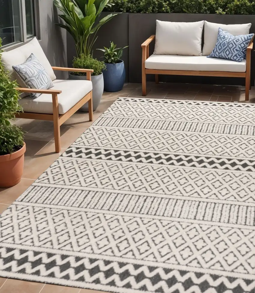 Cream And Black Trellis Indoor Outdoor Area Rug Photo 1