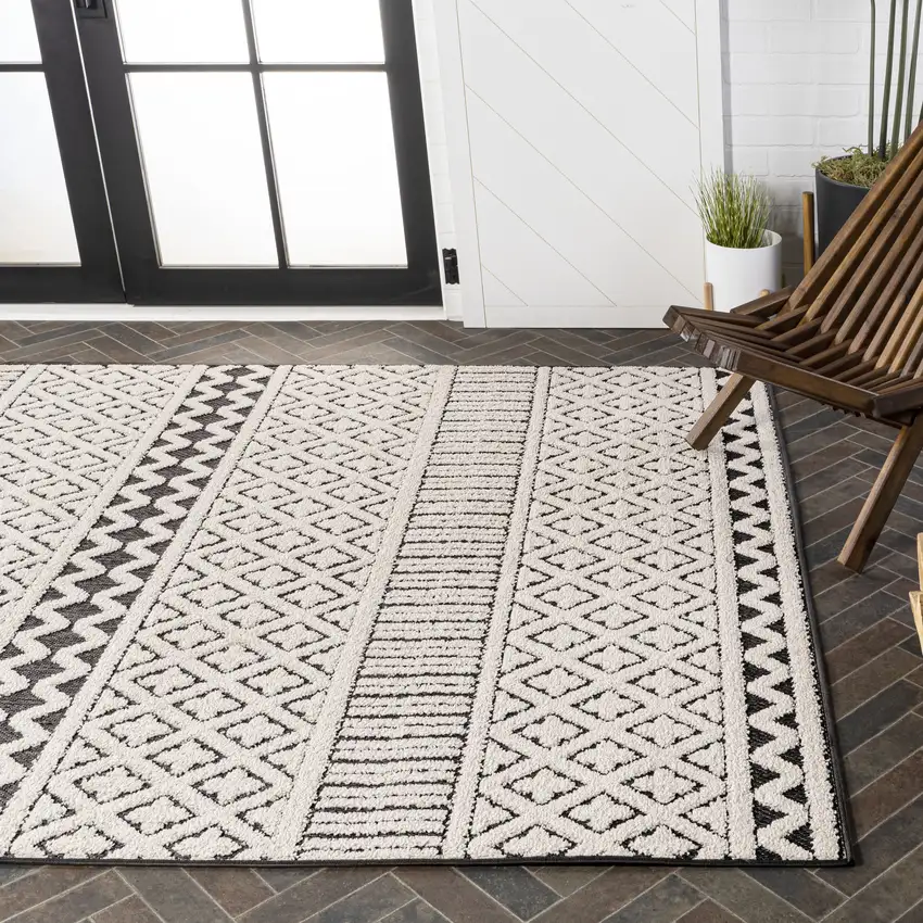 Cream And Black Trellis Indoor Outdoor Area Rug Photo 9