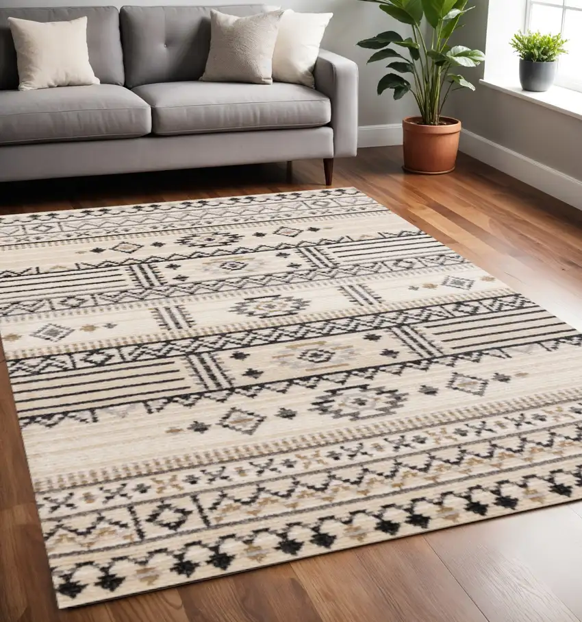Cream And Black Tribal Area Rug Photo 1