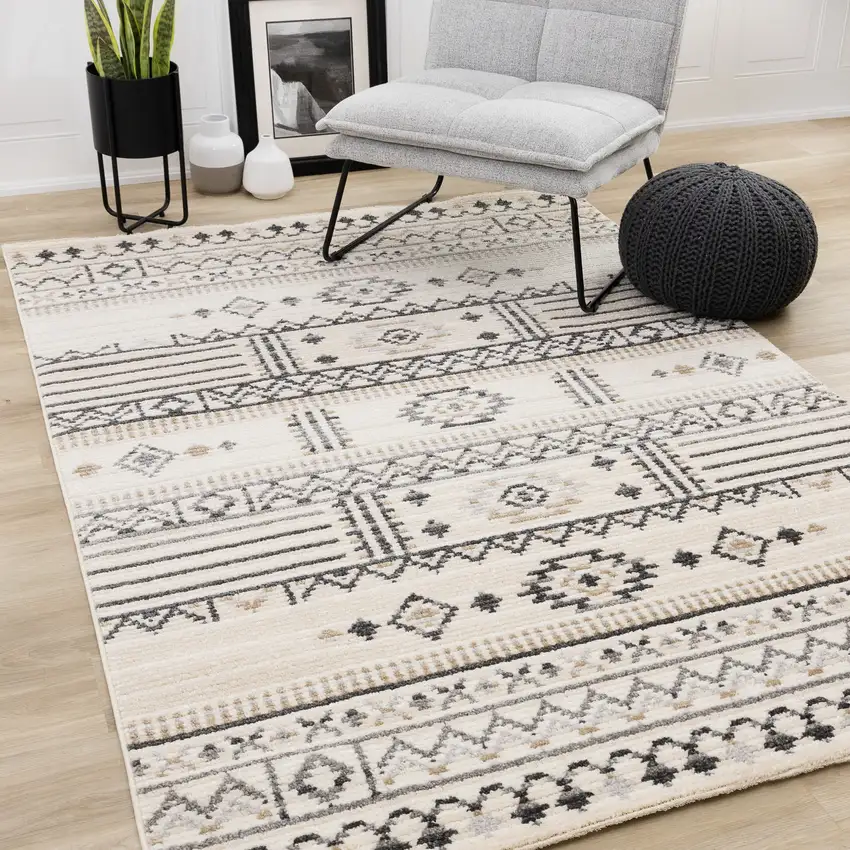 Cream And Black Tribal Area Rug Photo 4