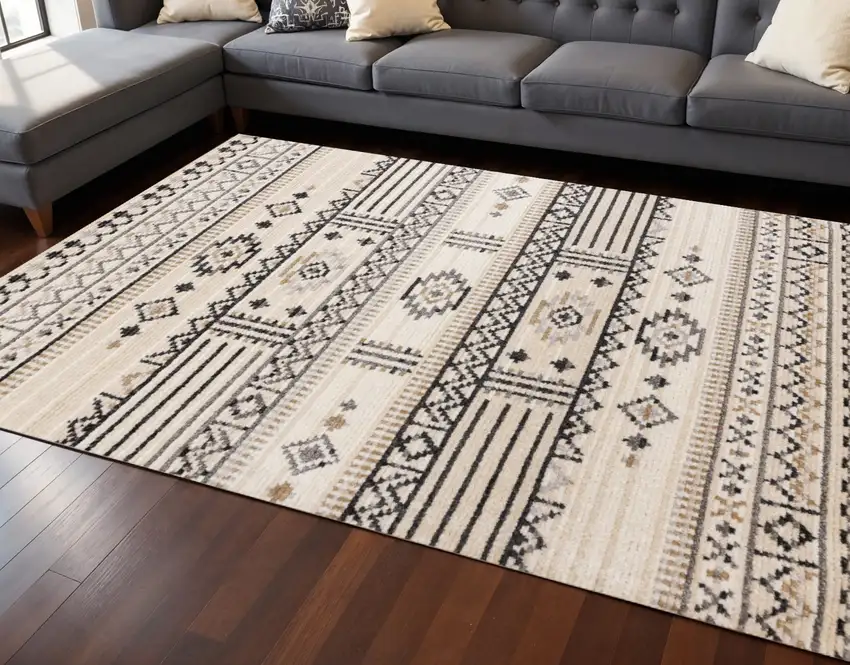 Cream And Black Tribal Area Rug Photo 1