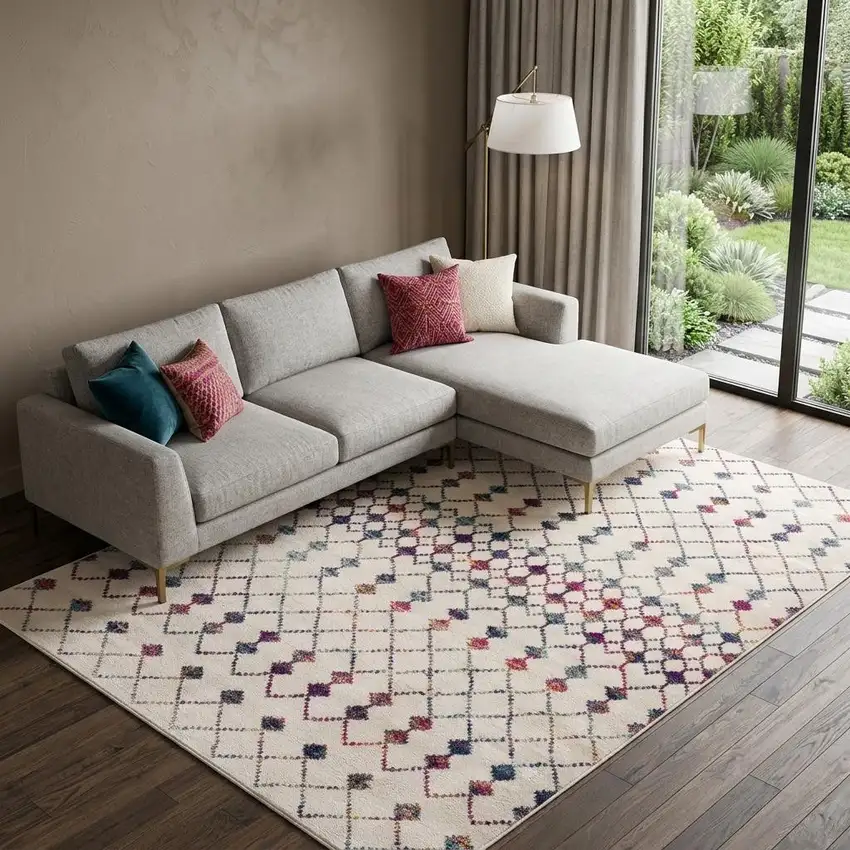 Cream And Blue Abstract Area Rug Photo 1