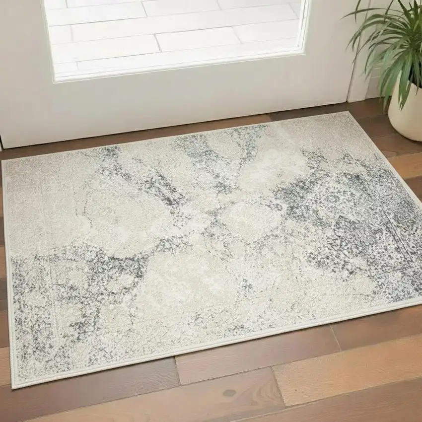 Cream And Blue Damask Area Rug Photo 1