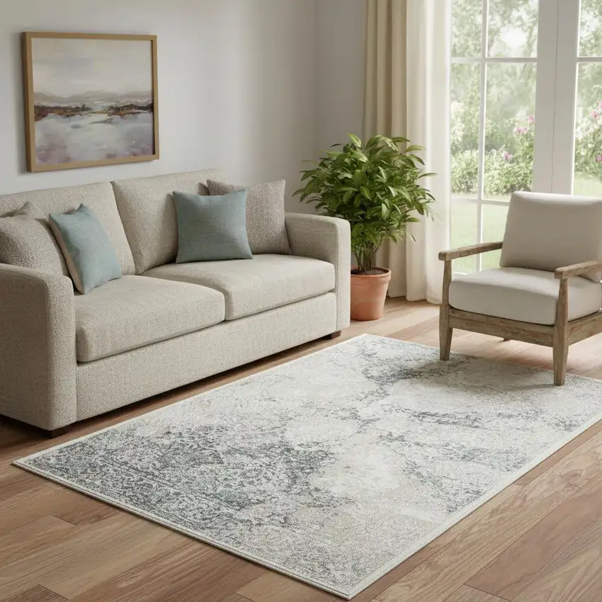 Cream And Blue Damask Area Rug Photo 1