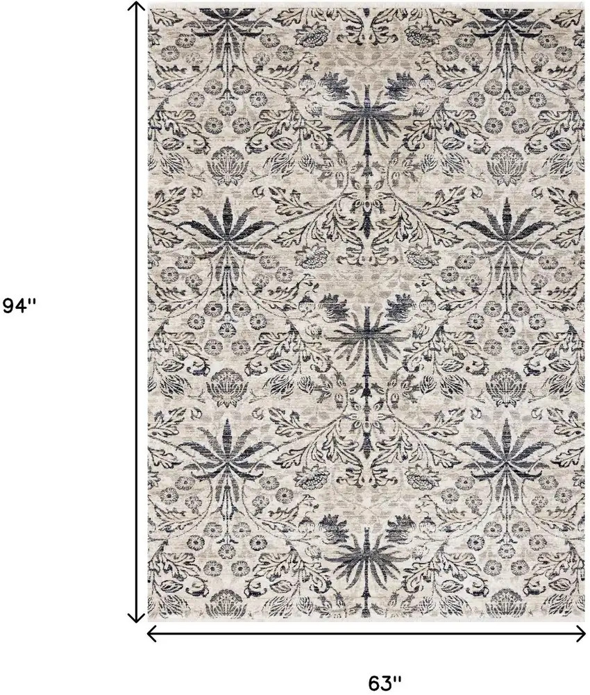 Cream And Blue Floral Medallion Area Rug Photo 3