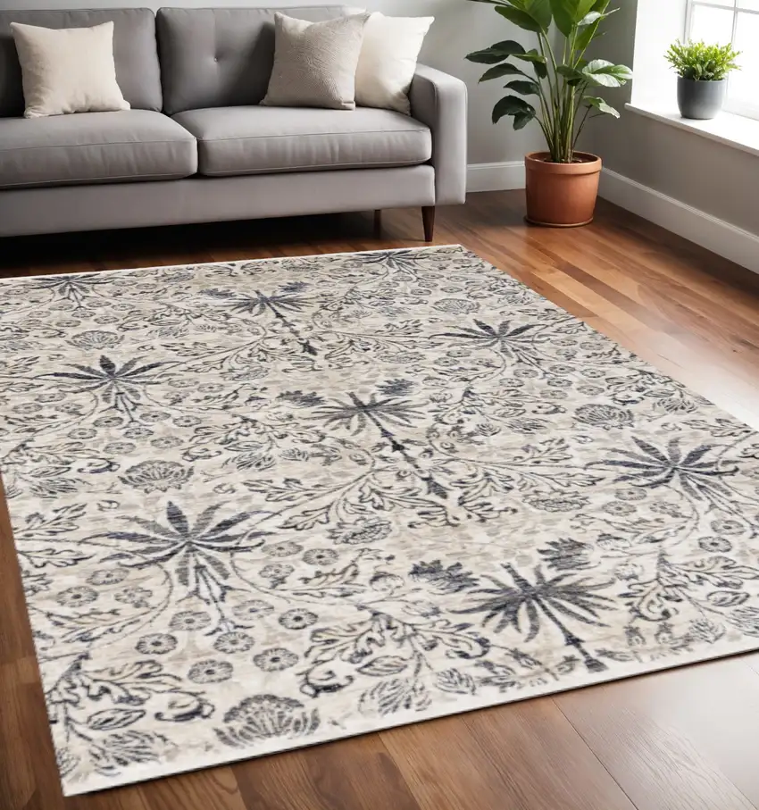 Cream And Blue Floral Medallion Area Rug Photo 1