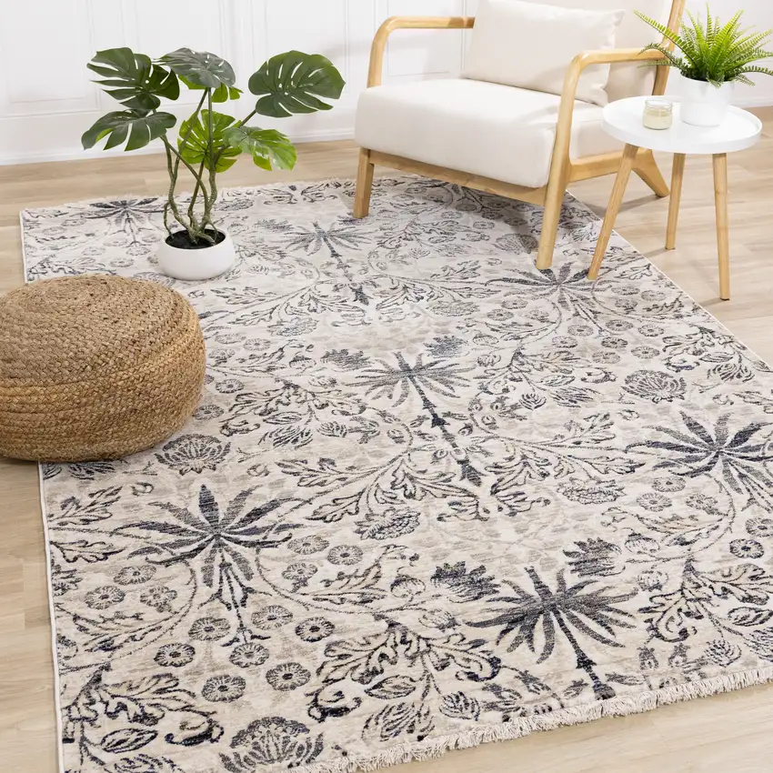 Cream And Blue Floral Medallion Area Rug Photo 6