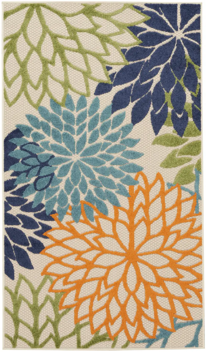 Cream And Blue Floral Non Skid Indoor Outdoor Area Rug Photo 1