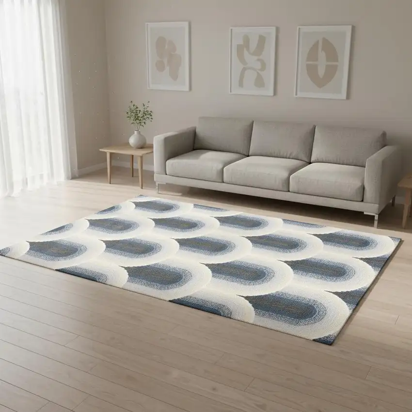 Cream And Blue Geometric Area Rug Photo 1
