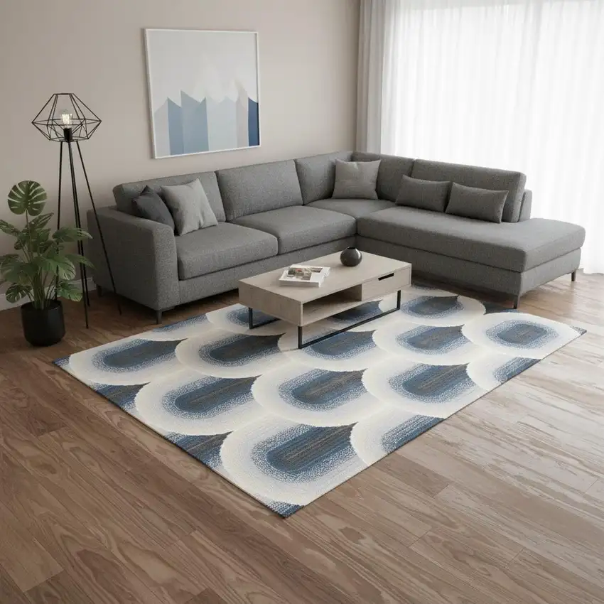 Cream And Blue Geometric Area Rug Photo 1