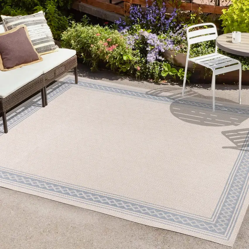 Cream And Blue Indoor Outdoor Area Rug Photo 9