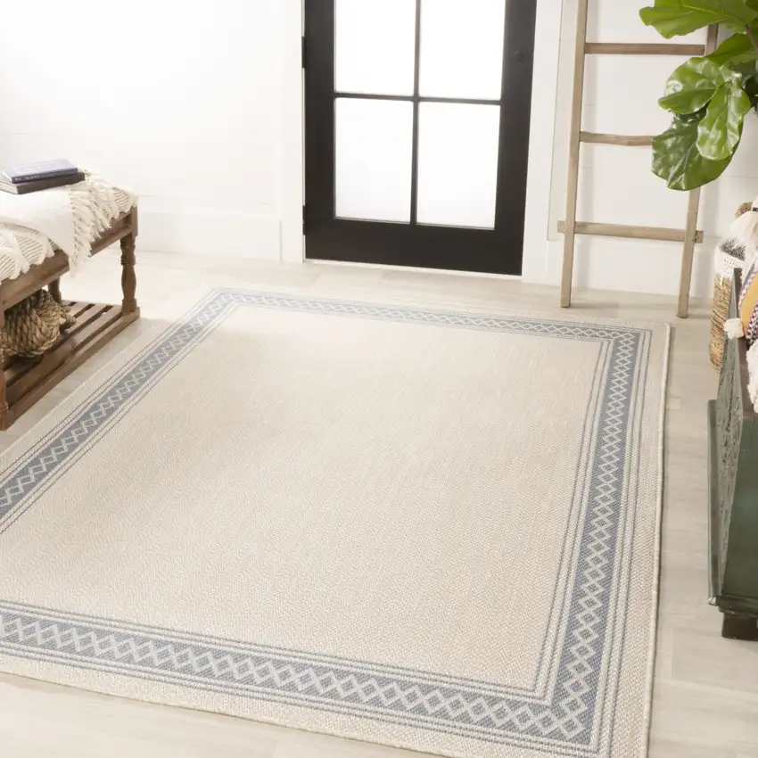 Cream And Blue Indoor Outdoor Area Rug Photo 5