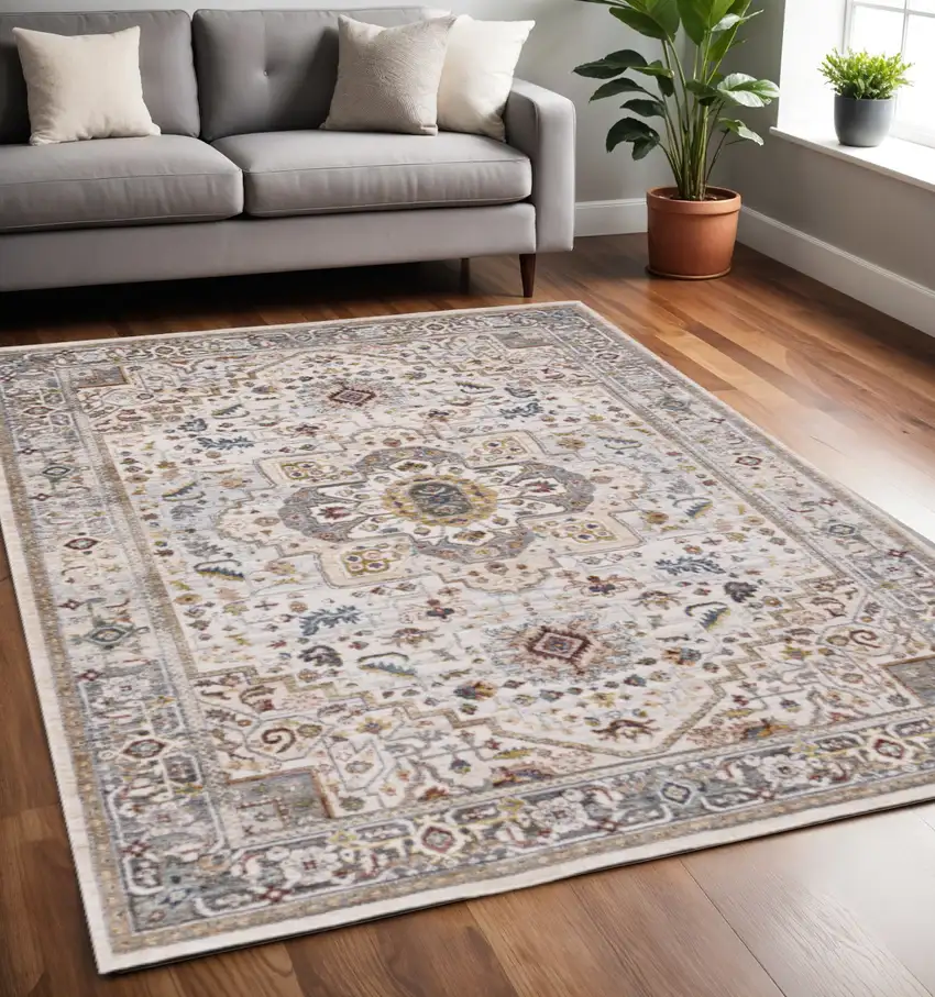 Cream And Blue Medallion Area Rug Photo 1