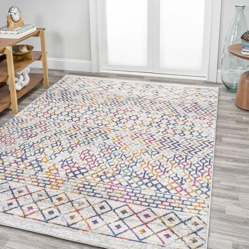 Cream And Blue Trellis Area Rug Photo 4