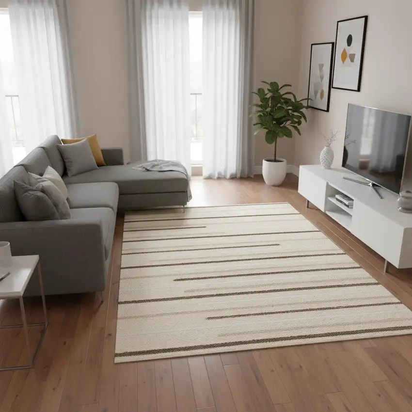 Cream And Brown Striped Area Rug Photo 3