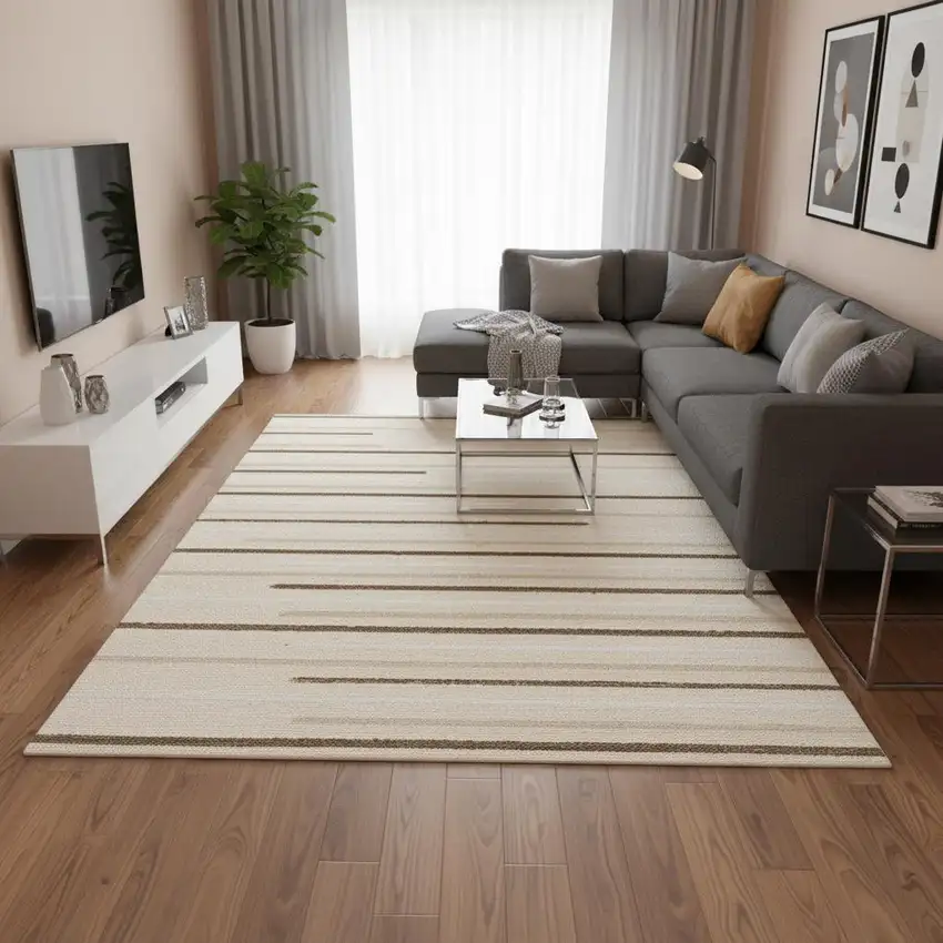 Cream And Brown Striped Area Rug Photo 1