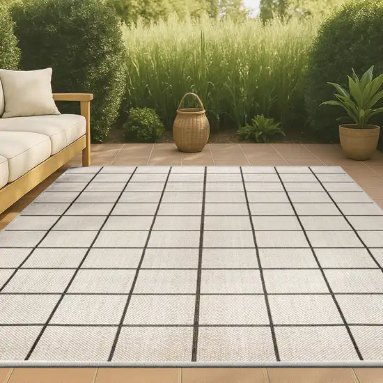 Cream And Dark Gray Plaid Indoor Outdoor Area Rug Photo 6