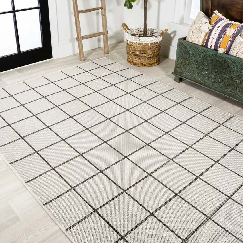 Cream And Dark Gray Plaid Indoor Outdoor Area Rug Photo 9