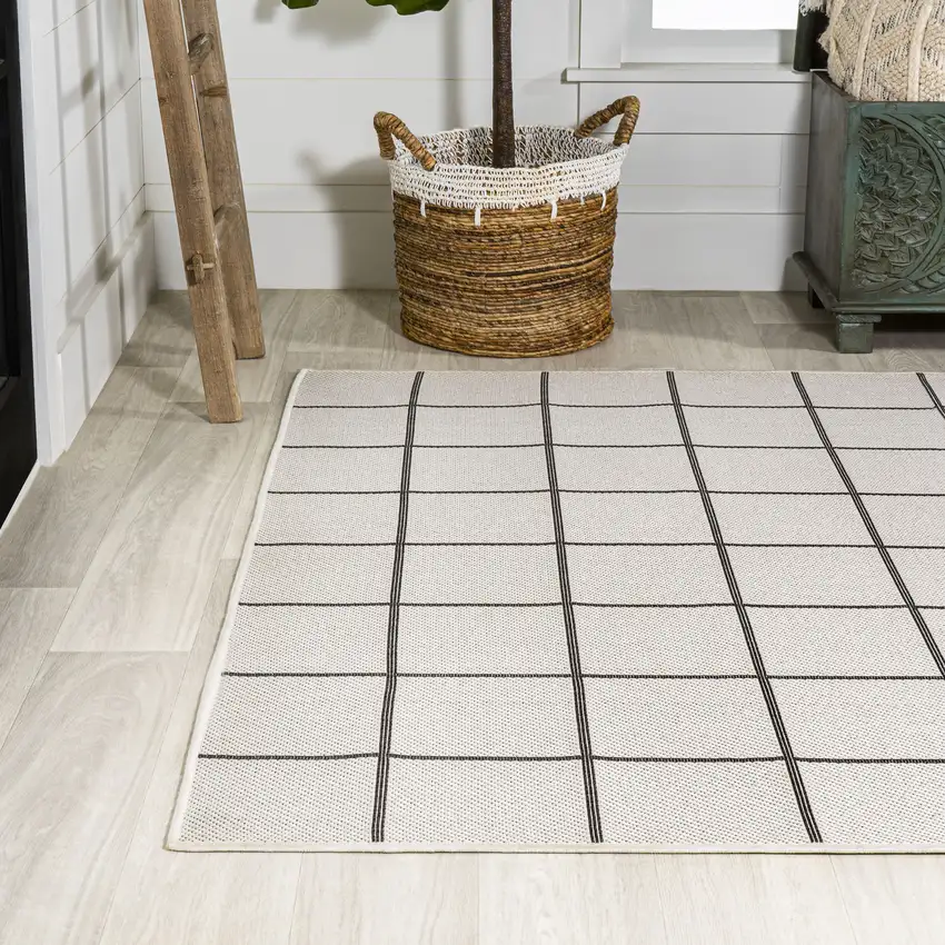 Cream And Dark Gray Plaid Indoor Outdoor Area Rug Photo 8