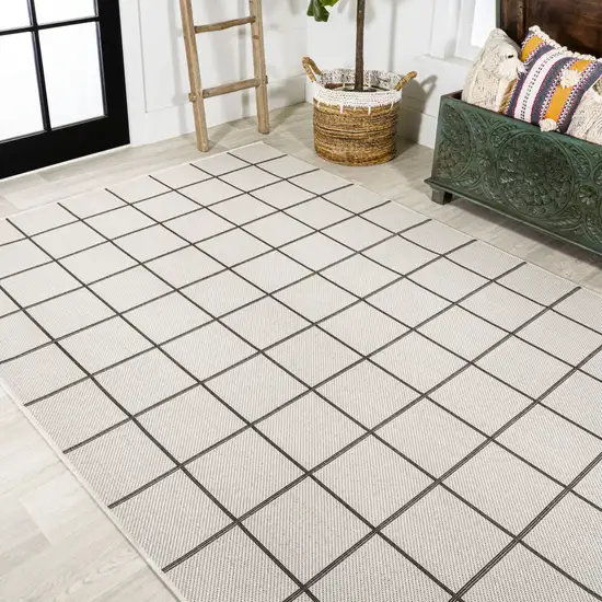 Cream And Dark Gray Plaid Indoor Outdoor Area Rug Photo 9
