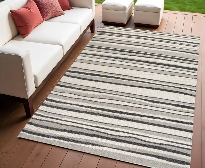 Cream And Dark Gray Striped Indoor Outdoor Area Rug Photo 1