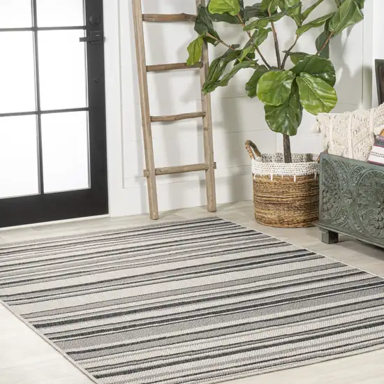 Cream And Dark Gray Striped Indoor Outdoor Area Rug Photo 7