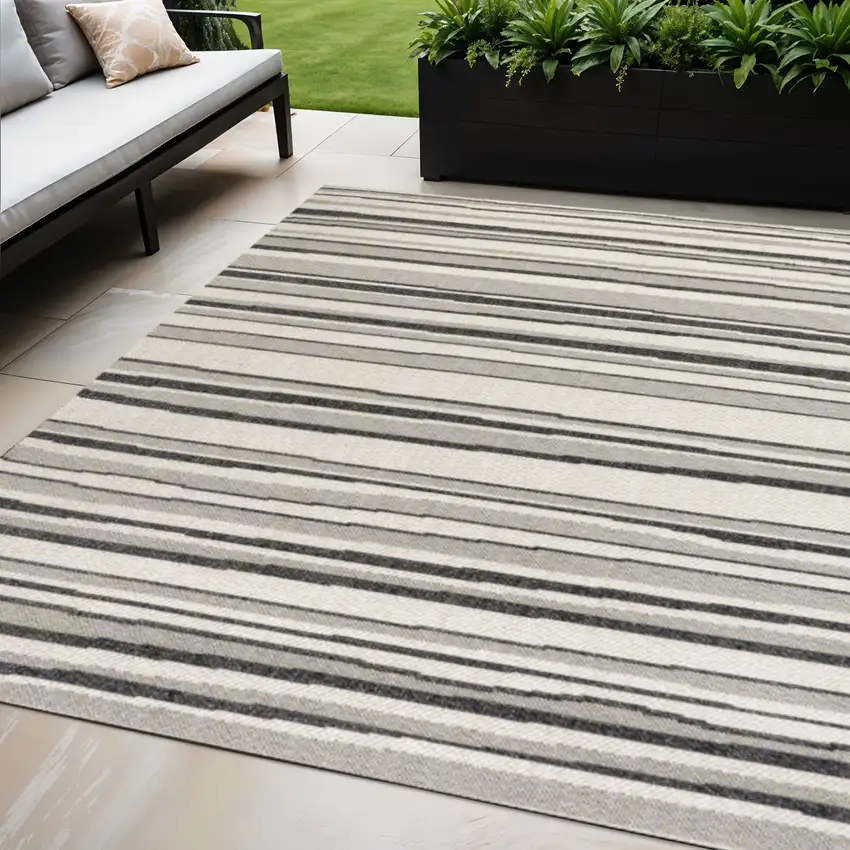 Cream And Dark Gray Striped Indoor Outdoor Area Rug Photo 1