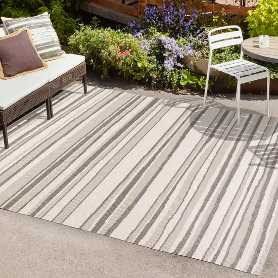 Cream And Dark Gray Striped Indoor Outdoor Area Rug Photo 8