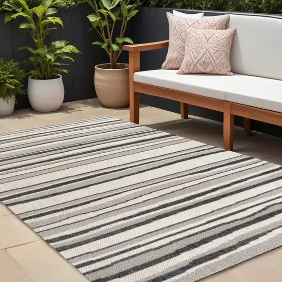 Cream And Dark Gray Striped Indoor Outdoor Area Rug Photo 1