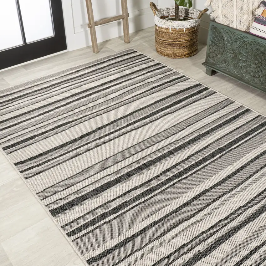 Cream And Dark Gray Striped Indoor Outdoor Area Rug Photo 5