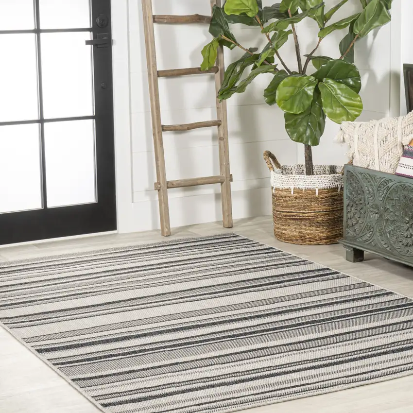 Cream And Dark Gray Striped Indoor Outdoor Area Rug Photo 6
