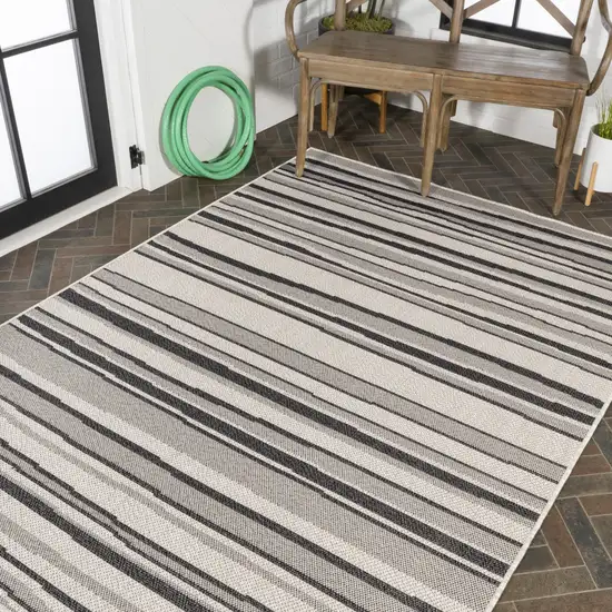 Cream And Dark Gray Striped Indoor Outdoor Area Rug Photo 9