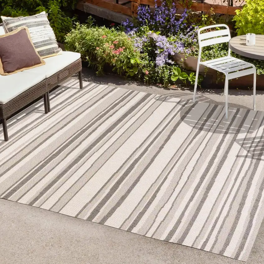 Cream And Dark Gray Striped Indoor Outdoor Area Rug Photo 7