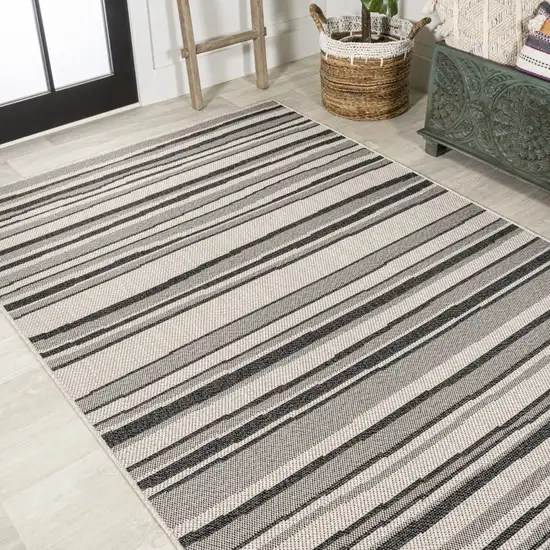 Cream And Dark Gray Striped Indoor Outdoor Area Rug Photo 5
